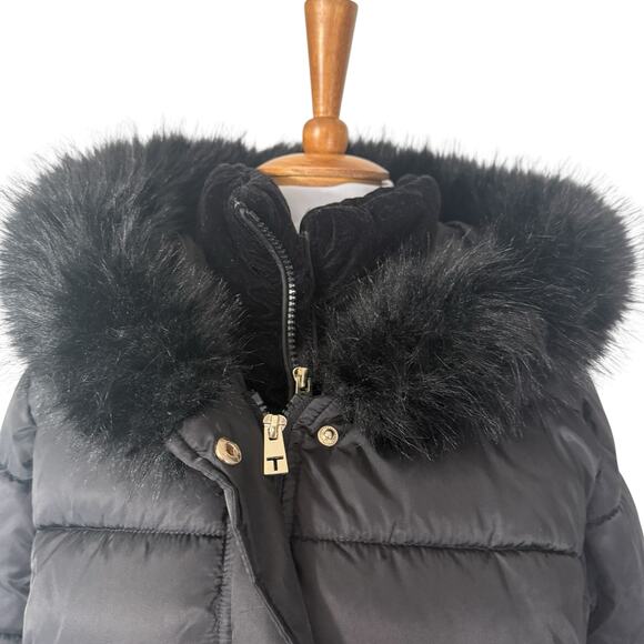 Tahari Velvet Bib Faux Fur Hooded Puffer Coat Women’s Black Winter M - Picture 4 of 8
